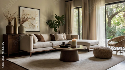 A living room with a large couch, a coffee table, and a vase with flowers