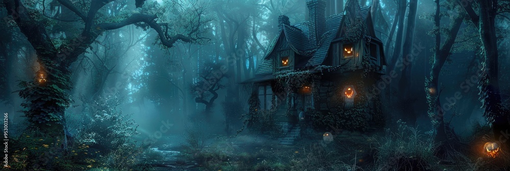 Enigmatic Woodland Derelict House with Illuminated Eyes in the Darkness Enigmatic Woodland Derelict House with Illuminated Eyes in the Darkness