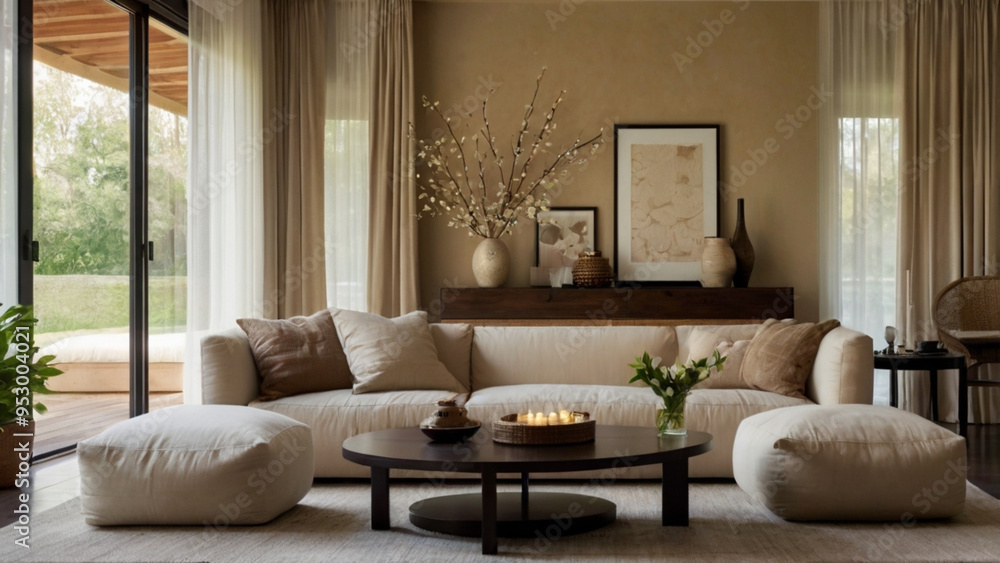 A living room with a large couch, a coffee table, and a vase with flowers A living room with a large couch, a coffee table, and a vase with flowers