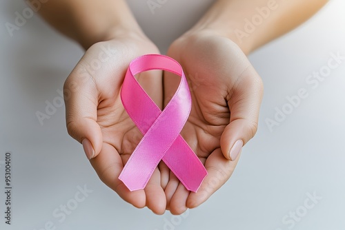 Woman hands holding pink ribbon symbolizing breast cancer awareness and hope. Health and support concept