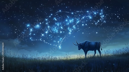 Taurus constellation over rolling meadows, Bull shape in the night sky, soft moonlight, peaceful and serene atmosphere