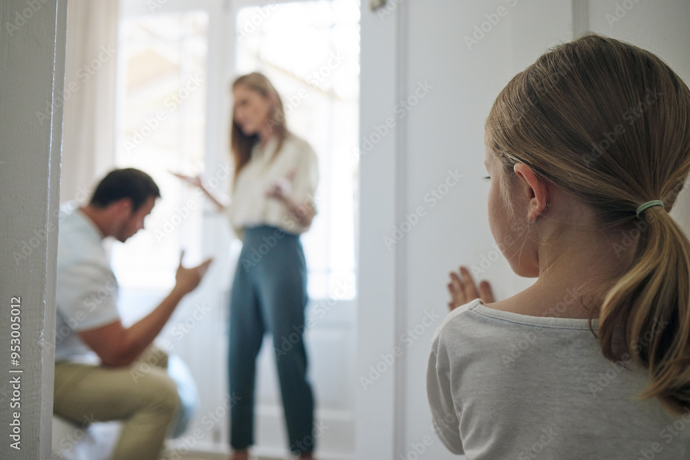 Child, parents and argument with fight in bedroom for disagreement, divorce or toxic relationship at home. Little girl or kid snooping or listening by door to mother and father in dispute or conflict Child, parents and argument with fight in bedroom for disagreement, divorce or toxic relationship at home. Little girl or kid snooping or listening by door to mother and father in dispute or conflict