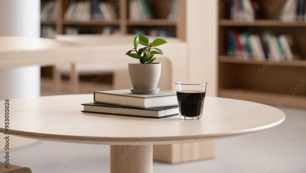 modern, minimalist indoor setting with wooden table. small potted plant with green leaves, a stack of books, and a clear glasses modern, minimalist indoor setting with wooden table. small potted plant with green leaves, a stack of books, and a clear glasses