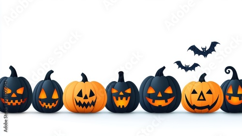 Vector illustration of a row of silhouette pumpkins with different faces on a white background, a Halloween banner design. 