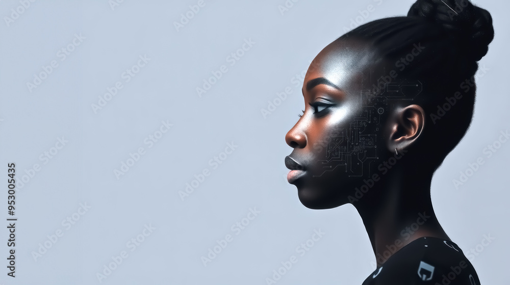 side profile portrait of a african american female with a tech pattern