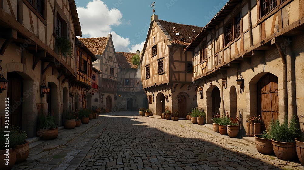 Fototapeta premium Medieval marketplace street outdoors village.