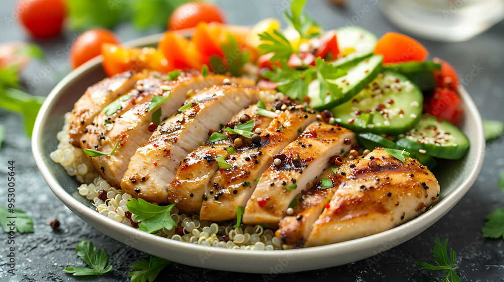 A nutritious and balanced lunch featuring grilled chicken, quinoa, and a variety of fresh vegetables, offering a wholesome meal packed with protein, fiber, and essential nutrients.
A nutritious and balanced lunch featuring grilled chicken, quinoa, and a variety of fresh vegetables, offering a wholesome meal packed with protein, fiber, and essential nutrients.
