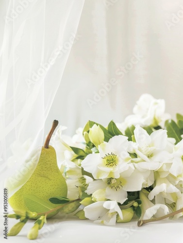Commercial photograph of a bouquet of freesia and 1 English pear on a white table, the image is crisp and clean with white tulle in the background 