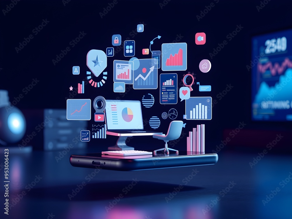 Fototapeta premium Phone screen projecting 3D business workspace