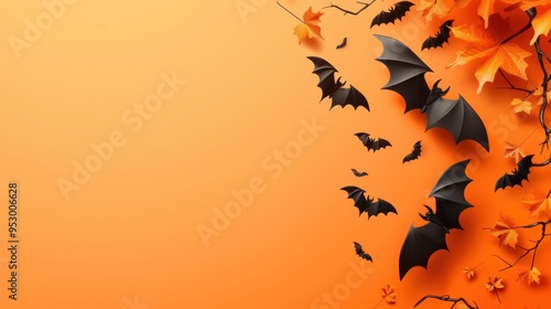 Halloween Bats and Fall Leaves on Orange Background