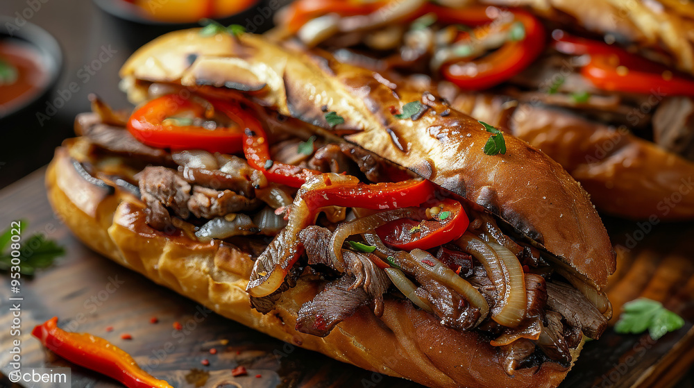 A sizzling Philly cheesesteak on a hoagie roll with thinly sliced ribeye steak, melted cheese, grilled onions A sizzling Philly cheesesteak on a hoagie roll with thinly sliced ribeye steak, melted cheese, grilled onions