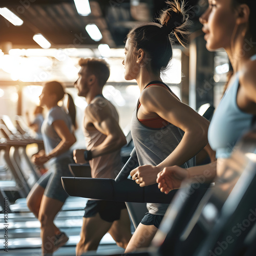Group of young athletes running on treadmills in a row at the gym