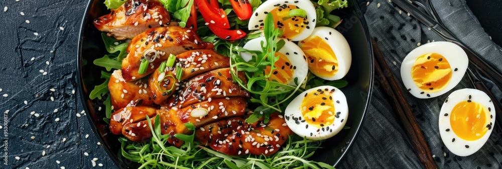 Teriyaki chicken served with boiled eggs and a variety of fresh vegetables Teriyaki chicken served with boiled eggs and a variety of fresh vegetables