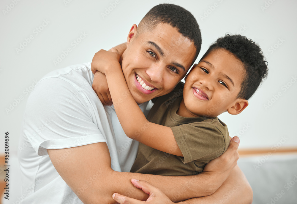 Happy, hugging and portrait of father with child in home for bonding, care and connection. Love, people and dad embracing boy kid with support, family or smile together for security in house. Happy, hugging and portrait of father with child in home for bonding, care and connection. Love, people and dad embracing boy kid with support, family or smile together for security in house.