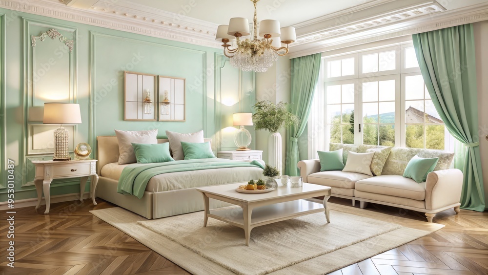 Serenity and sophistication emanate from a harmonious blend of modern and traditional styles, where creamy white, warm beige, and minty freshness converge seamlessly. Serenity and sophistication emanate from a harmonious blend of modern and traditional styles, where creamy white, warm beige, and minty freshness converge seamlessly.