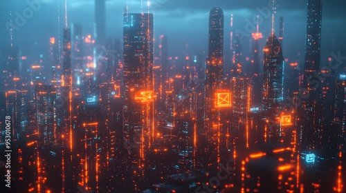 futuristic smart cityscape illuminated with glowing digital network connections, showcasing advanced communication technologies
