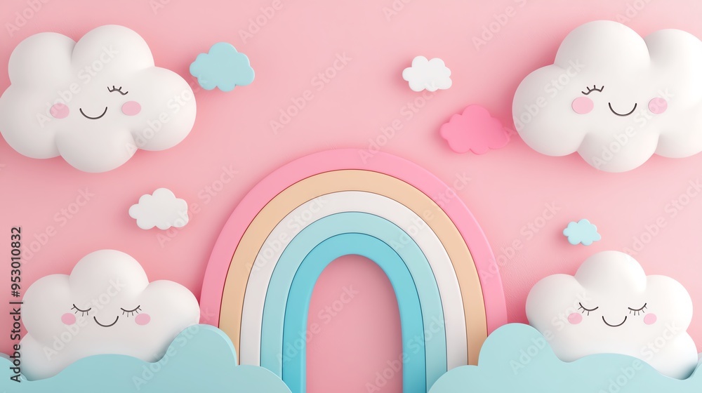 Growth chart, whimsical clouds, pastel skies and rainbows, 3D illustration Growth chart, whimsical clouds, pastel skies and rainbows, 3D illustration