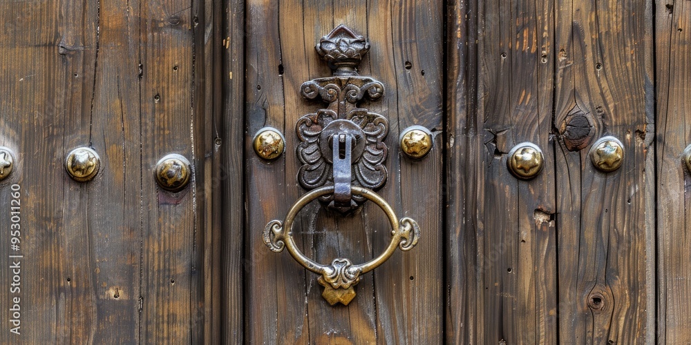 Decorative metal door knocker and doorknob mounted on a wooden door