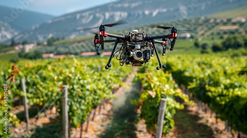 Drones flying over a vineyard conducting aerial surveys and spraying crops