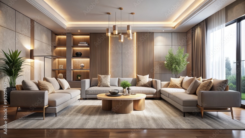 Sleek lines, clean shapes, and muted tones merge in a spacious room, illuminated by soft lighting, evoking serenity and understated luxury. Sleek lines, clean shapes, and muted tones merge in a spacious room, illuminated by soft lighting, evoking serenity and understated luxury.