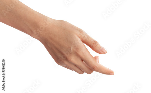 Woman hand touching or pointing on isolated white background.