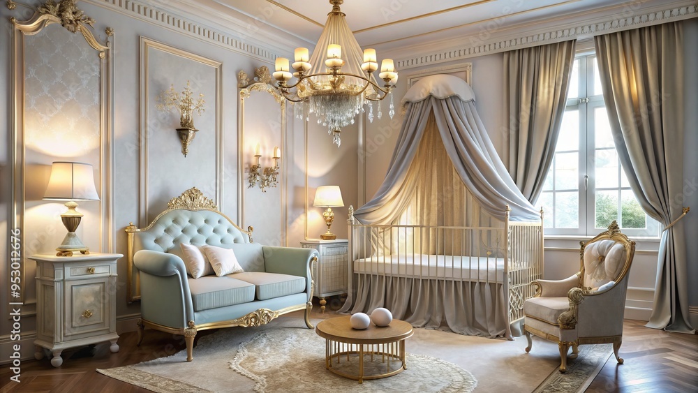 Soaring elegance amidst opulent décor, soft focus on plush crib, ornate metalwork and sheer drapes filter light, inviting baby to snuggle amidst serenity and whimsy. Soaring elegance amidst opulent décor, soft focus on plush crib, ornate metalwork and sheer drapes filter light, inviting baby to snuggle amidst serenity and whimsy.