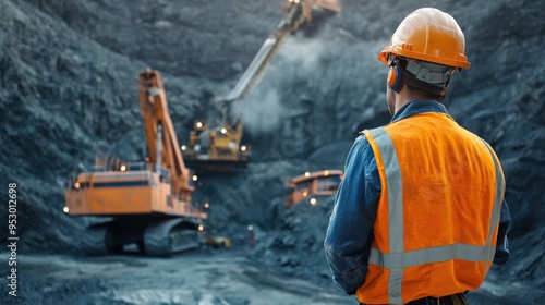 Underground mine engineer monitoring drilling operations, with heavy machinery in the background