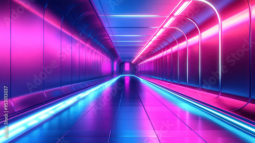 3D render of a long corridor with neon lights and futuristic architecture