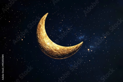 Detailed Crescent Moon in the night sky. Crescent Moon on black background with space for Ramadan theme , ai