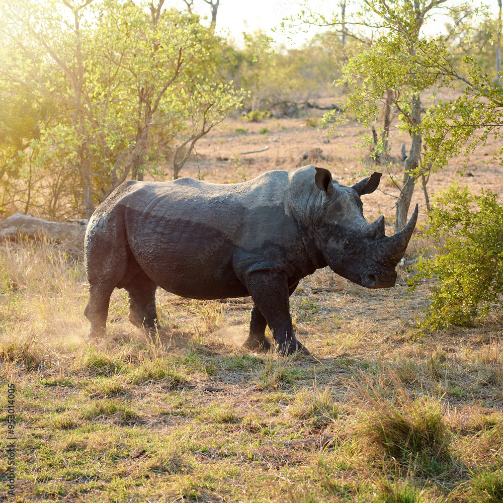 Wildlife, walking and rhino in nature habitat for survival, eating grass and conservation with species. Safari, solitary animal and herbivore in countryside, indigenous horn and target for poaching Wildlife, walking and rhino in nature habitat for survival, eating grass and conservation with species. Safari, solitary animal and herbivore in countryside, indigenous horn and target for poaching