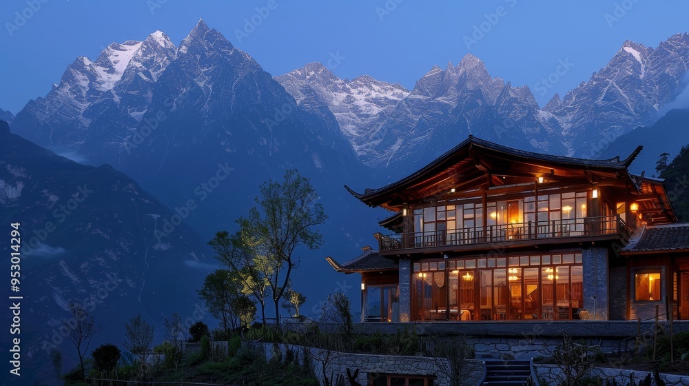 In the Tiger Leaping Gorge scenic area of Lijiang, Yunnan Province, China, there is a B&B on the top of the mountain, large floor-to-ceiling glass, wooden structure, and stone, at the foot of the B&B In the Tiger Leaping Gorge scenic area of Lijiang, Yunnan Province, China, there is a B&B on the top of the mountain, large floor-to-ceiling glass, wooden structure, and stone, at the foot of the B&B