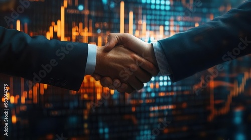 Business handshake with a focus on the connection, background of blurred financial data, highstakes deal