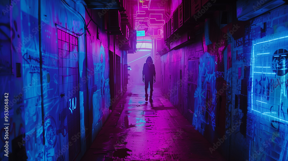 Lone figure walking through a narrow neon-lit alleyway with graffiti-covered walls Lone figure walking through a narrow neon-lit alleyway with graffiti-covered walls