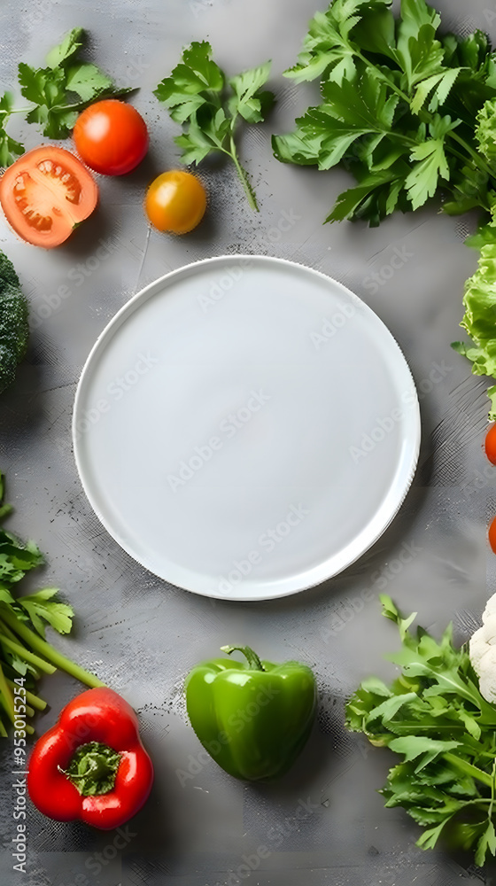 Overhead shot of an empty plate surrounded by fresh vegetables for a vegan meal preparation Overhead shot of an empty plate surrounded by fresh vegetables for a vegan meal preparation