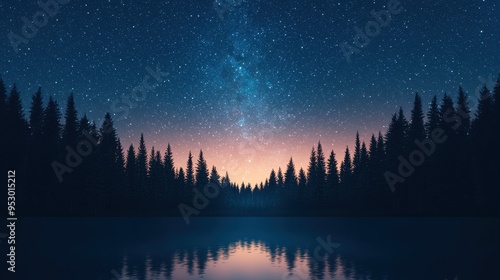 A serene starry night sky with the Milky Way rising above a silhouetted forest, beautifully reflected in a calm lake, creating a tranquil scene.