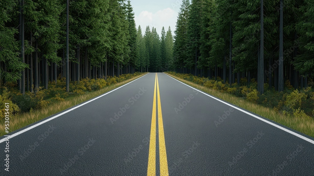 Fototapeta premium A straight, empty road with bright yellow divider lines runs through a dense forest of tall green trees, evoking a sense of travel and adventure.