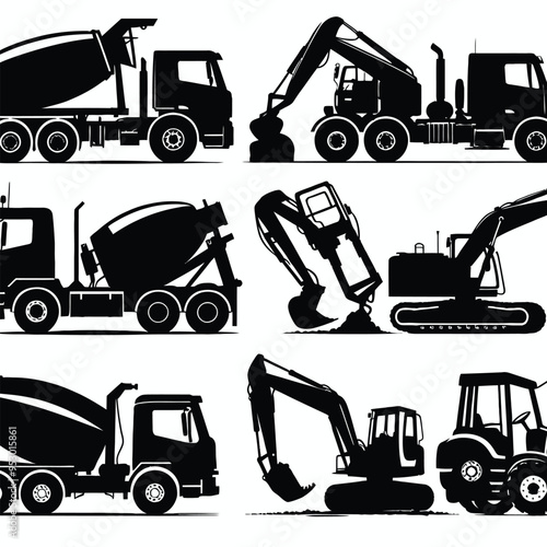 Wallpaper Mural Dump truck, cement mixer truck, and a backhoe loader silhouettes Torontodigital.ca