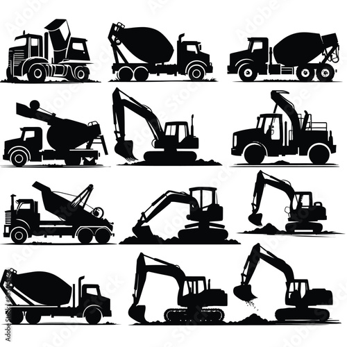 Wallpaper Mural Dump truck, cement mixer truck, and a backhoe loader silhouettes Torontodigital.ca