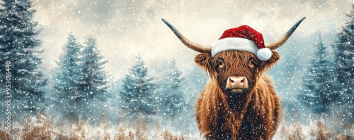Festive Highland Cow in Watercolor Style with Santa Hat and Snow-Covered Highlands - Warm Holiday Illustration