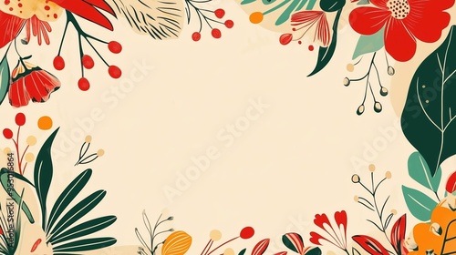 Folk art-inspired background with vibrant hand-drawn flowers and leaves in reds, greens, yellows, and oranges, forming an empty rectangle space for text or design on a light beige backdrop. Ideal for  photo