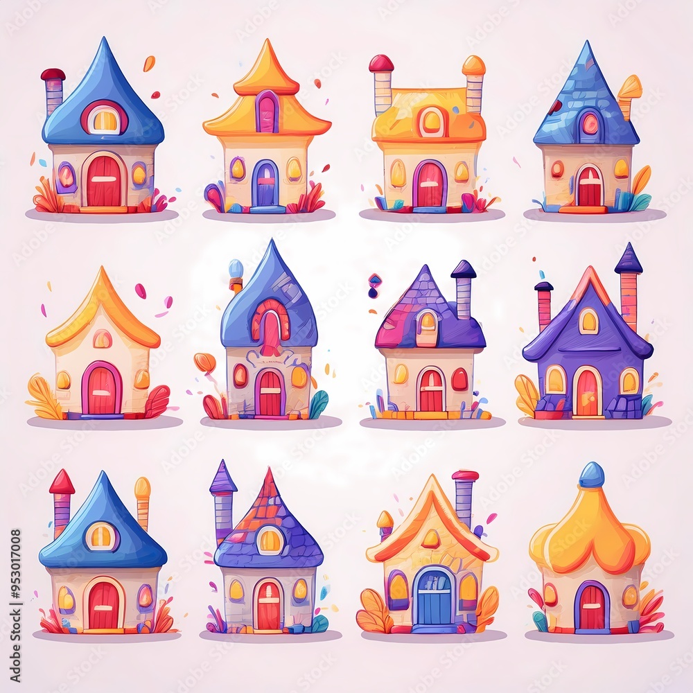 A set of colorful houses with a variety of colors and designs A set of colorful houses with a variety of colors and designs