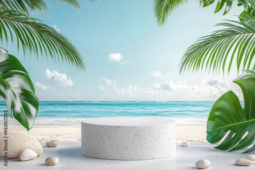 Obraz premium White stone podium with copy space for product display on tropical summer sand beach background, ai