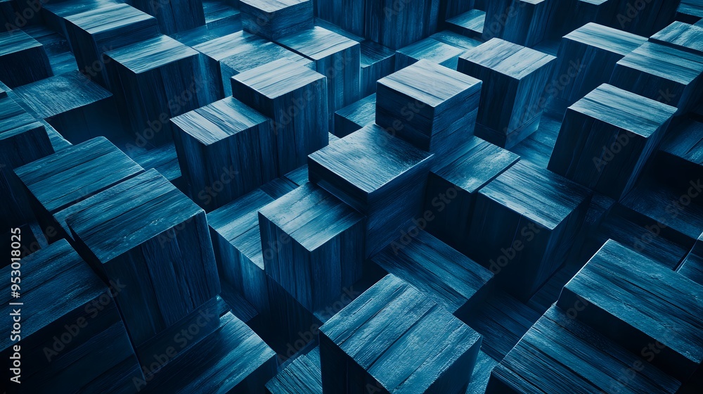 Futuristic abstract background featuring digital 3D render of blue wooden cubes, overlaid with blue matrix binary code Futuristic abstract background featuring digital 3D render of blue wooden cubes, overlaid with blue matrix binary code