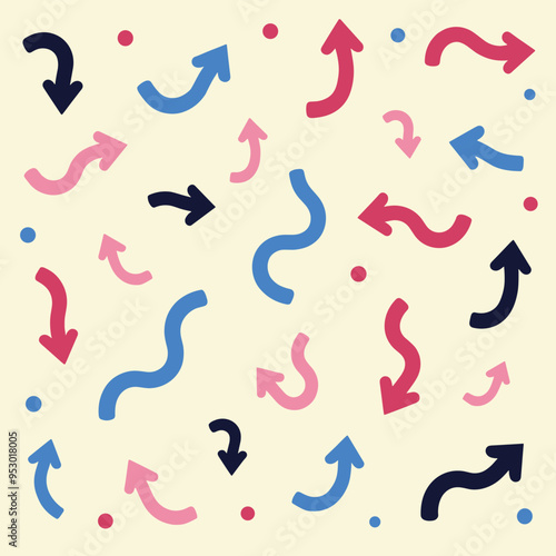 Colorful arrows and dots pattern on a light background, featuring a mix of red, blue, and pink designs.