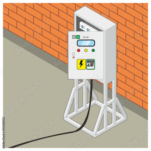 Isometric view of temporary electrical distribution board panel box near the wall with cable lay on the ground and opened door vector illustration.
