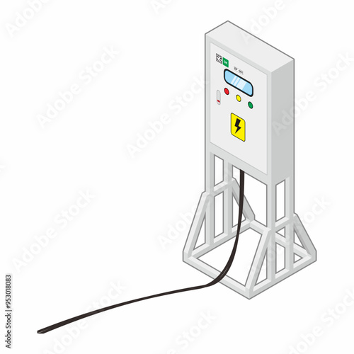 Isometric view of temporary electrical distribution board panel box with cable on the ground vector illustration.