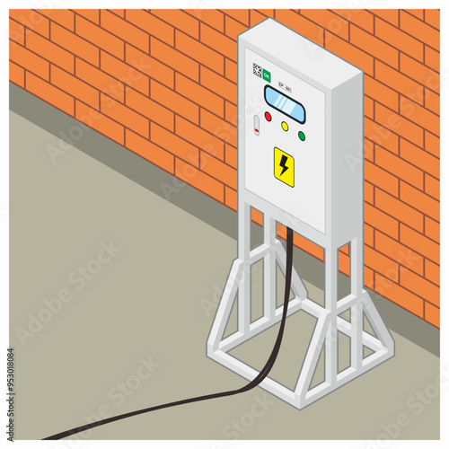 Isometric view of temporary electrical distribution board panel box near the wall with cable on the ground vector illustration.