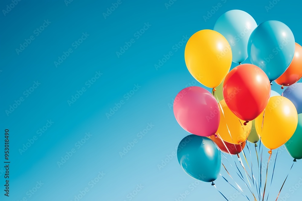 A bunch of vibrant, multicolored balloons floating against a clear blue sky, symbolizing celebration, joy, and the carefree spirit of a sunny day. A bunch of vibrant, multicolored balloons floating against a clear blue sky, symbolizing celebration, joy, and the carefree spirit of a sunny day.