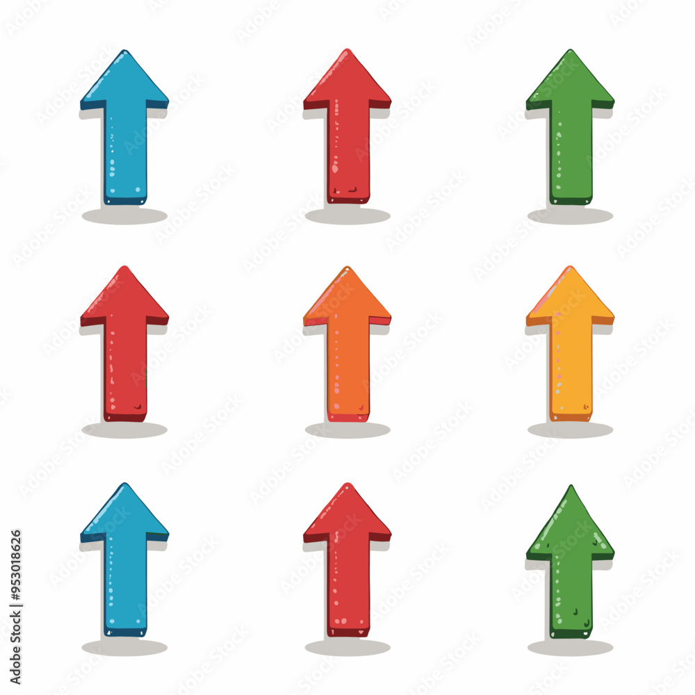 Colorful 3D arrow icons pointing upwards, positioned in a grid pattern on a white background. Colorful 3D arrow icons pointing upwards, positioned in a grid pattern on a white background.
