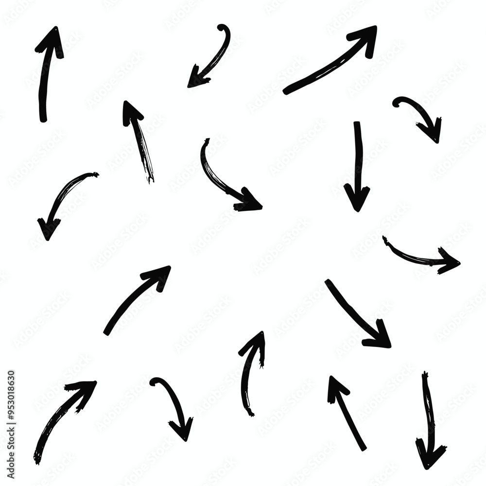 Hand-drawn black arrows of varying sizes and directions on a white background. Hand-drawn black arrows of varying sizes and directions on a white background.